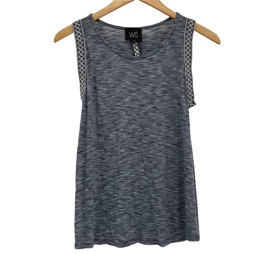 W5 Blue Space Dye Sleeveless Embroidered Scoop Neck Lightweight Pullover XS Top
